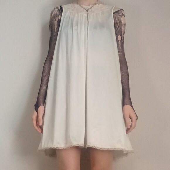 Vintage Repaired Cream High Neck Flowy Slip Dress - Picture 2 of 15